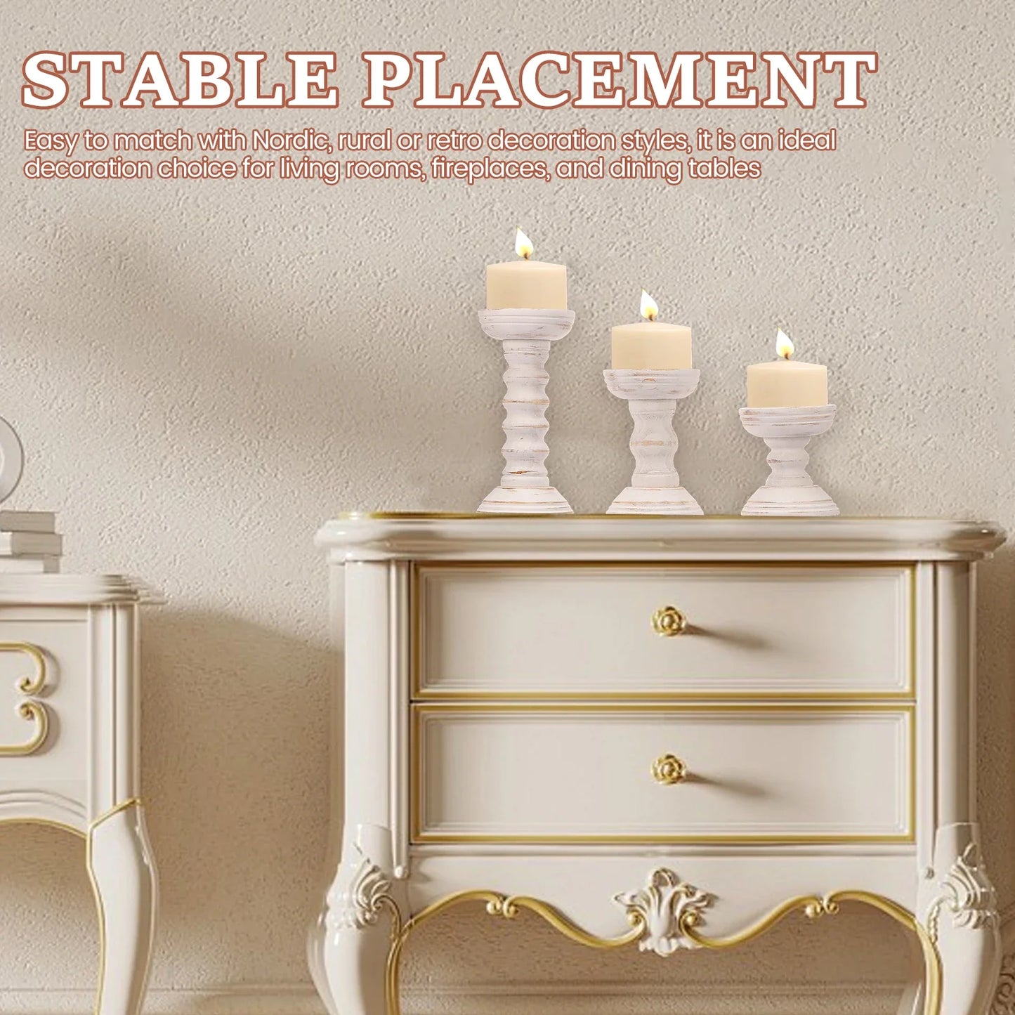 Whitewashed Wooden Pillar Holders – Vintage Carved Candle Stands (Set of 3)