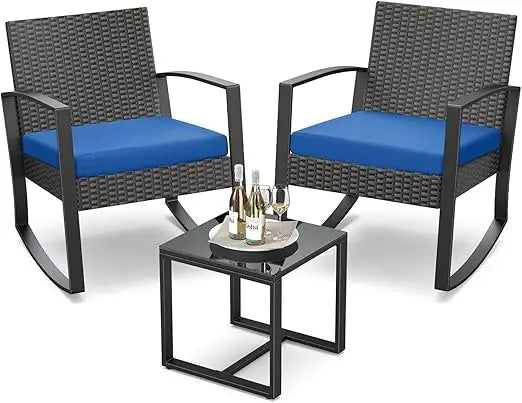 3‑Piece Outdoor Rocking Bistro Set – Rattan Conversation Chairs with Coffee Table for Balcony, Garden & Poolside