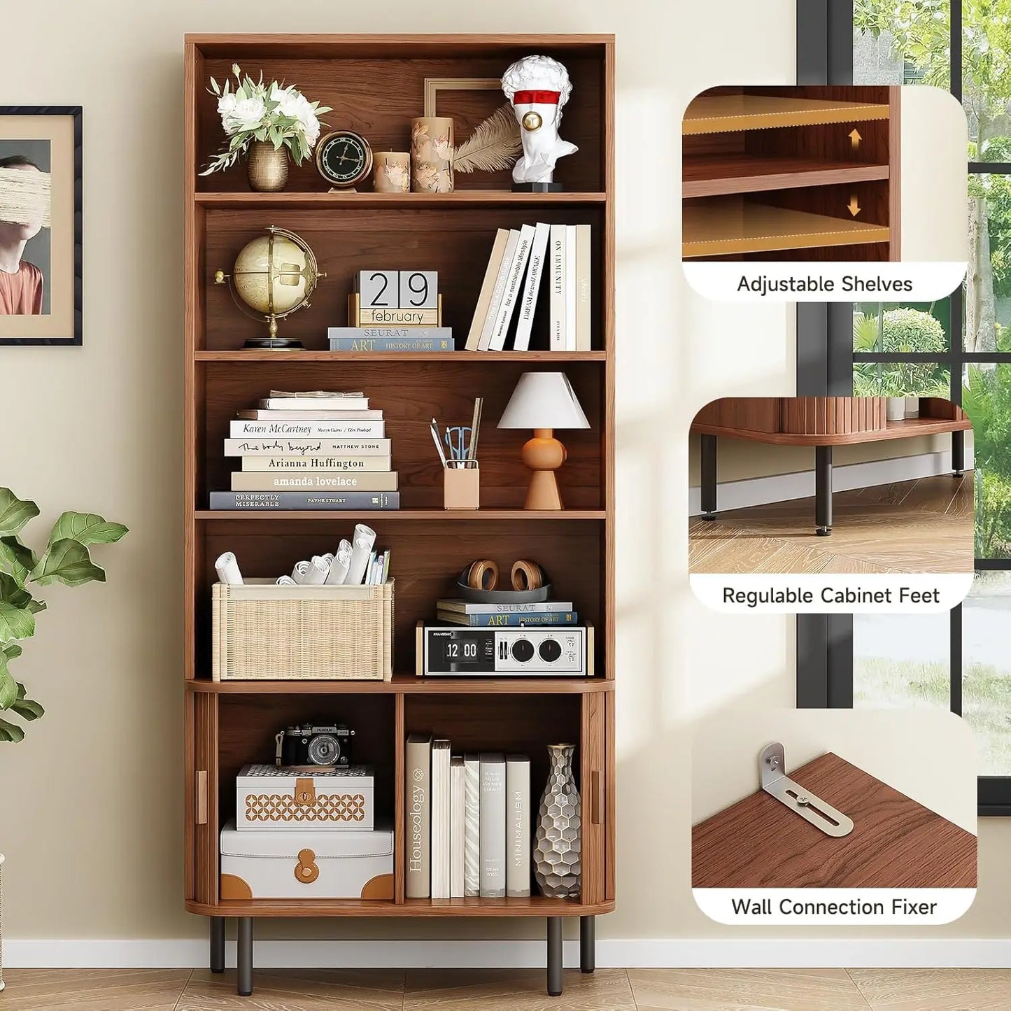 71" Mid-Century Modern Walnut Bookshelf | 4-Tier Bookcase with Sliding Door Cabinet