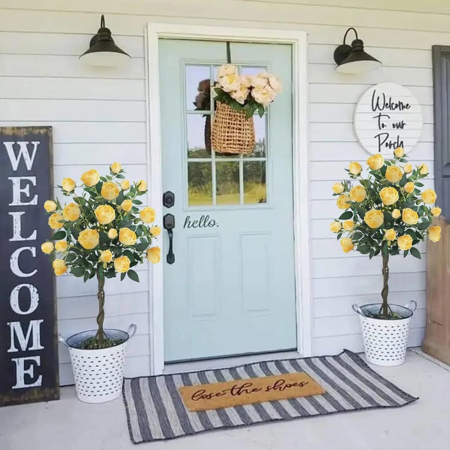 4FT Artificial Yellow Rose Tree – Set of 2 Faux Floral Trees with 52 Blooming Flowers for Home, Porch & Yard Décor
