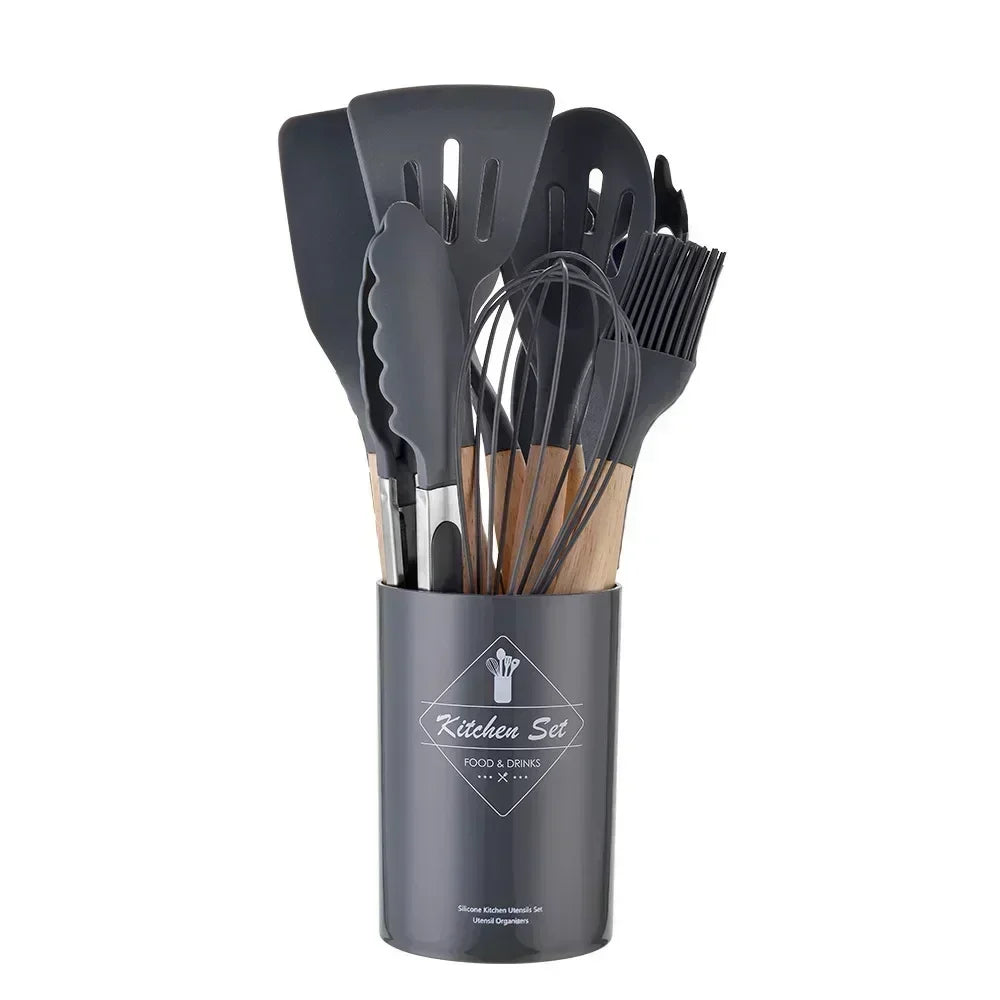 12‑Piece Non‑Stick Silicone Cooking Utensil Set – Wooden Handles, Heat‑Resistant Kitchen Tools with Storage Container