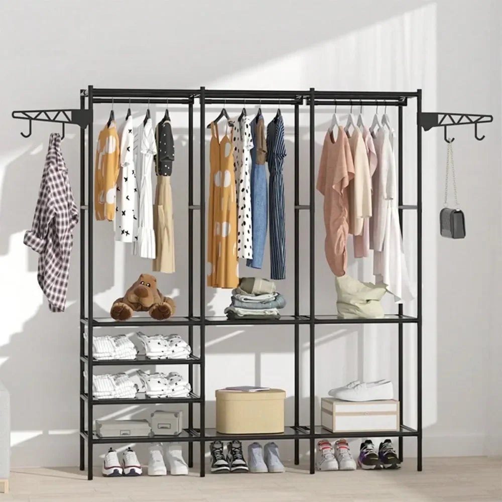 Clothes Rack With 3 Hanging Rods, 63 Inch Extra Large Capacity Wardrobe Closet, MultiLayer Shelves