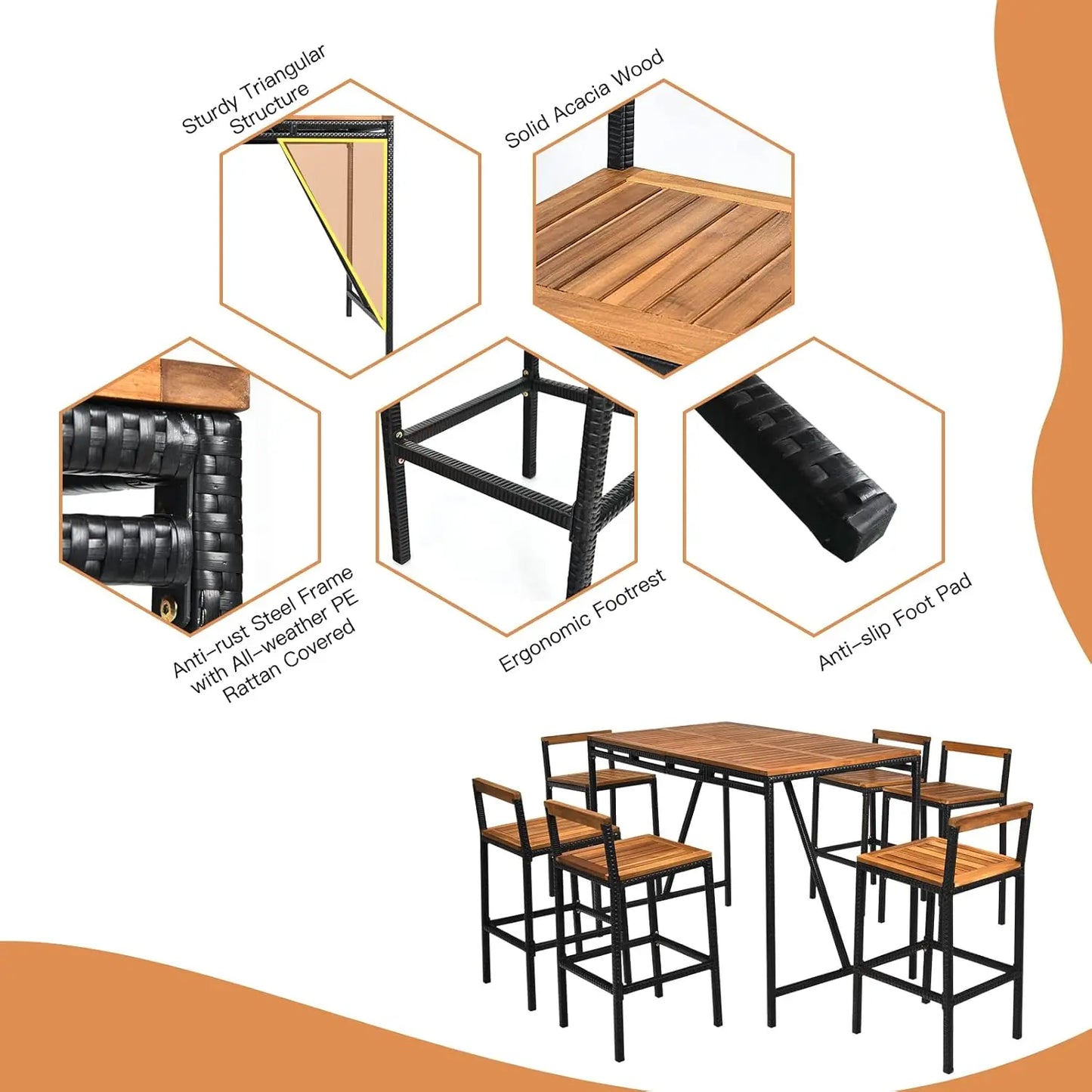 7pc Wood Bar Table Set w/ Umbrella Hole - High Bistro Table & 6 Stools
