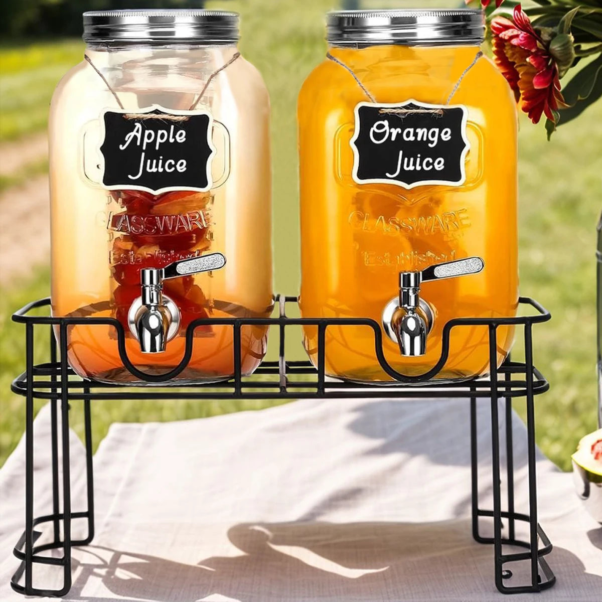 Double Glass Drink Dispenser Set – Two 1‑Gallon Jars with Metal Stand