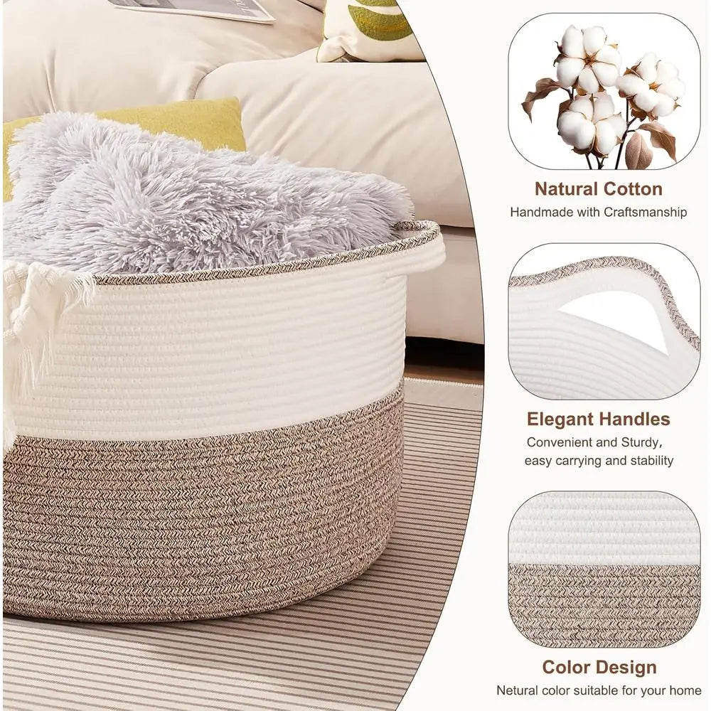 Extra Large Woven Cotton Rope Basket with Handles