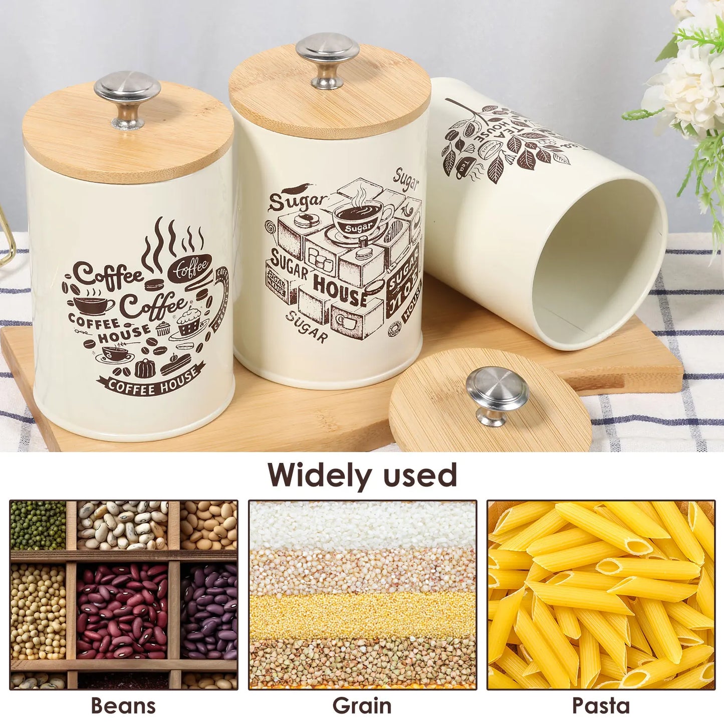3Pcs Kitchen Coffee Sugar Tea Canister Set - Vintage Metal Food Storage Box