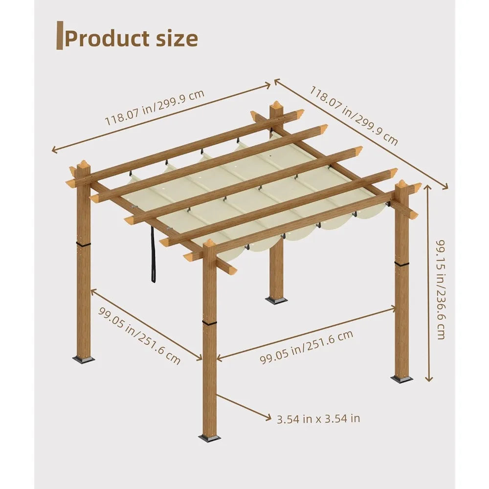 10'×10' Aluminum Pergola – Faux Wood Outdoor Pergola with Retractable Canopy