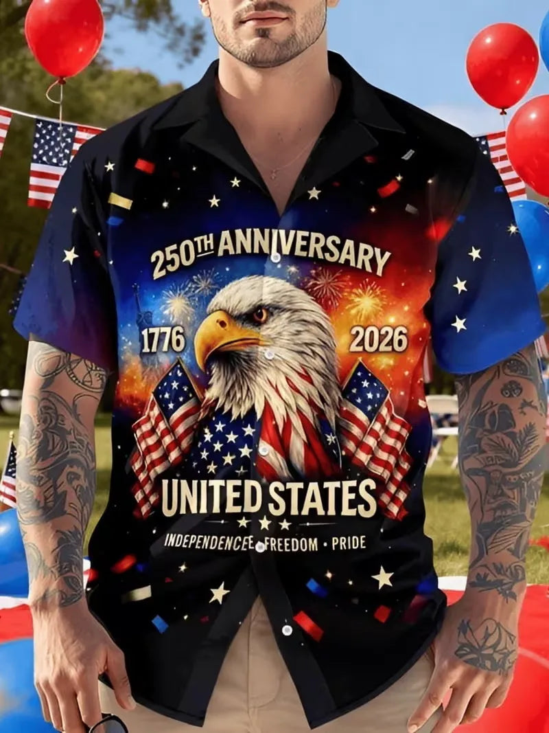 Men's 250th Anniversary US  American Flag Print Short Sleeve Button Down Shirt
