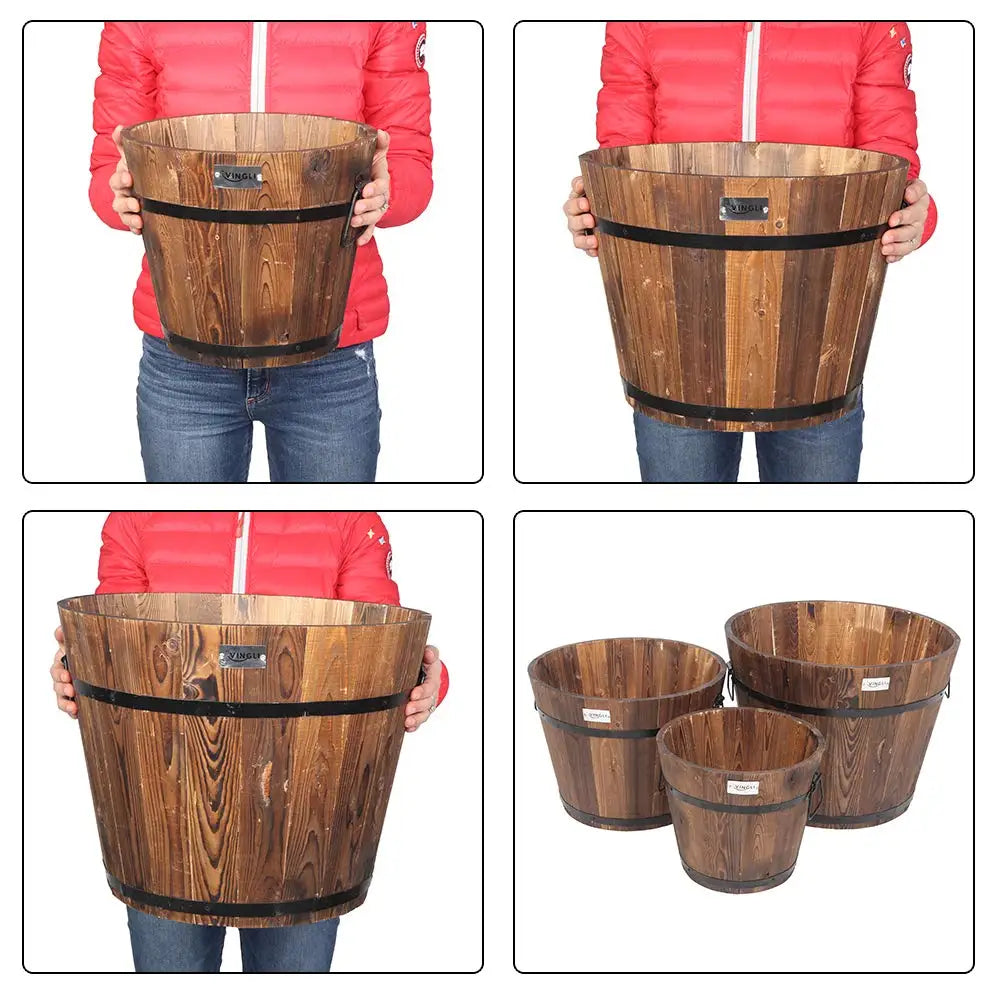 3‑Piece Large Wooden Planter Barrel Set – Real Wood Flowerpots with Drainage (11.5"–18")