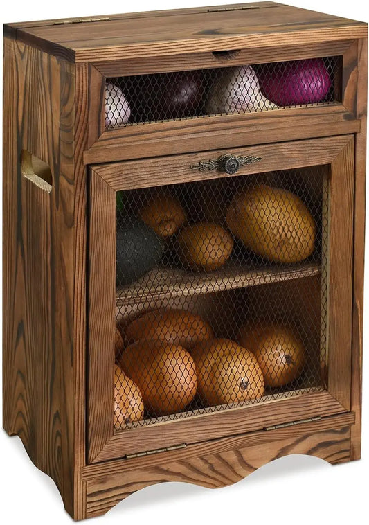 Wooden Countertop Storage Bin for Potatoes Onions Bread, Rustic Oak Finish, 11.8x6.8x16 Inches