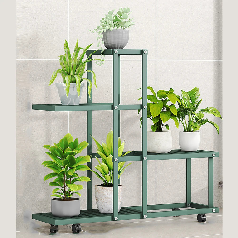 Plant Stand Indoor Outdoor, Wrought Iron Multiple Planter Rack Organizer w/Wheels Flower Display Stand for Balcony Garden