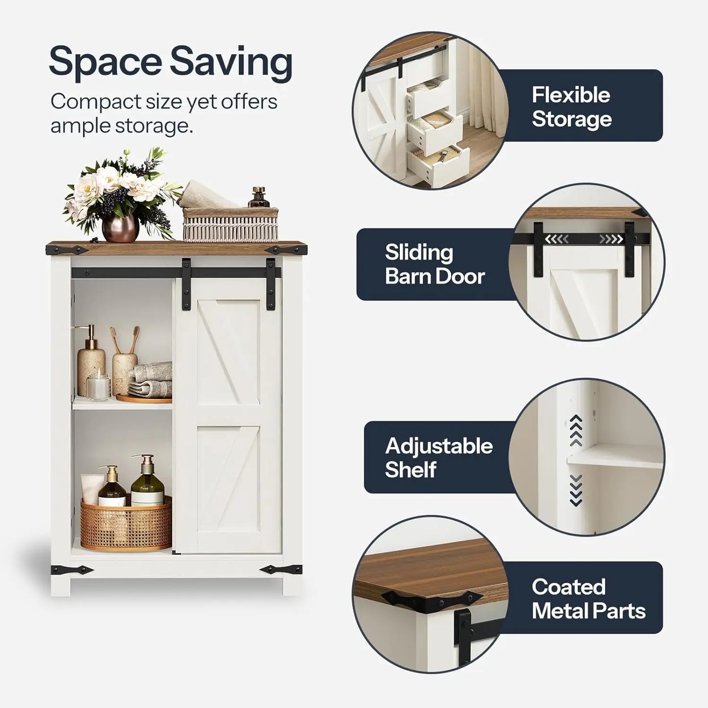 Storage Cabinet, Farmhouse with Sliding Barn Door, Adjustable Shelf and 4 Drawers, 11.8" D x 23.6"