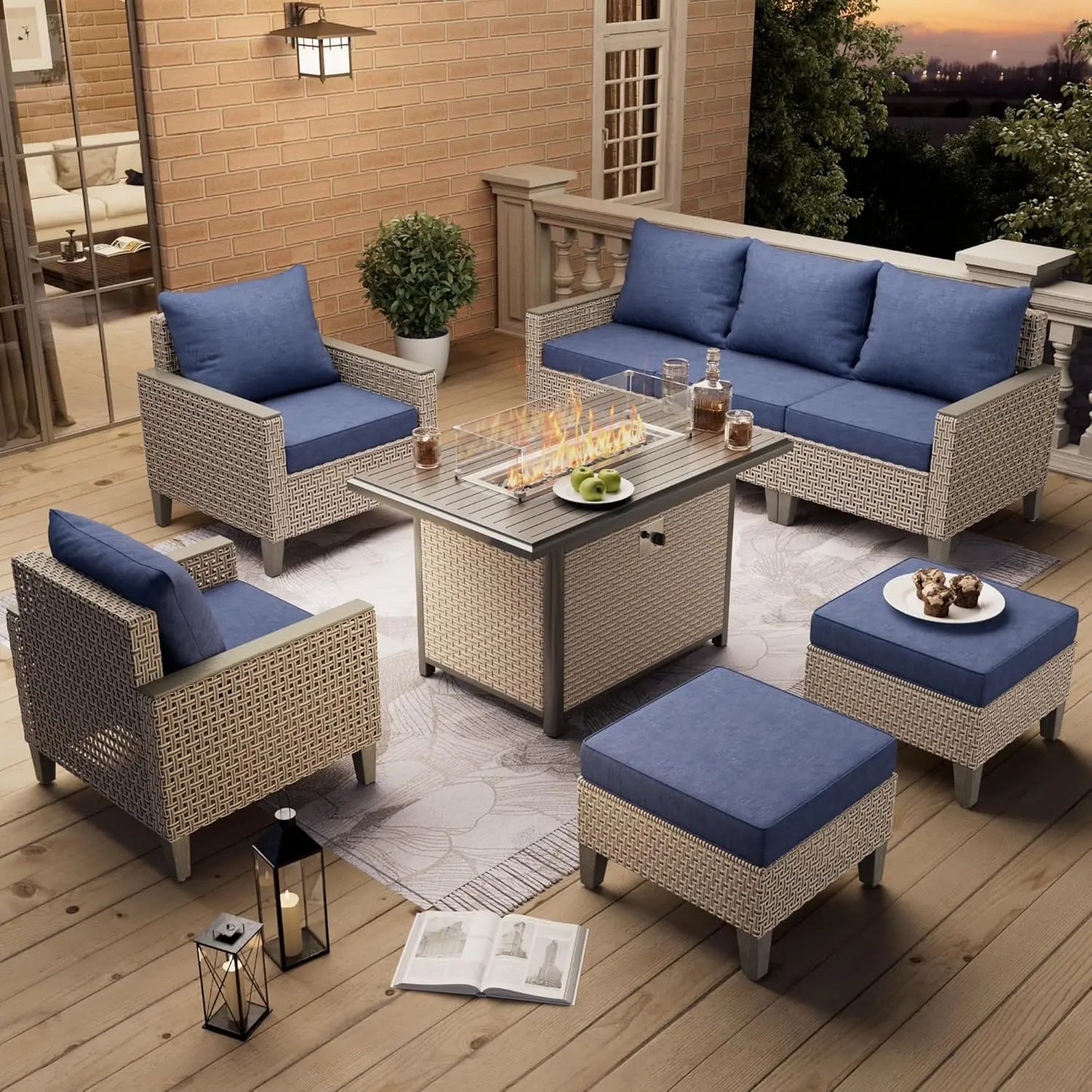 8‑Piece Outdoor Sectional Sofa Set – Fire Pit Table, Ottomans & Thick Cushions, Modern Rattan Design