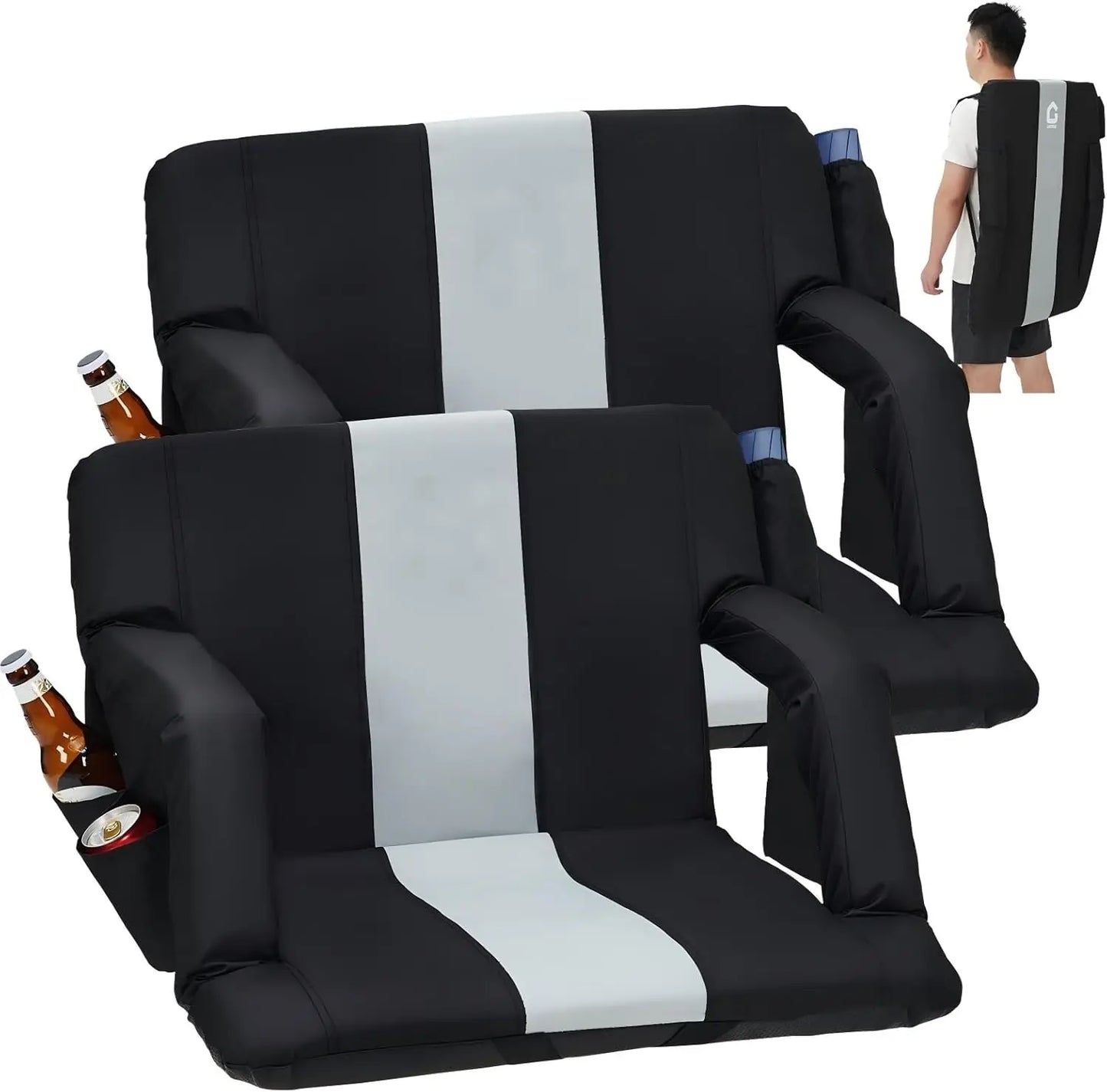 2 Pcs Portable Reclining Stadium Seat Chair with Padded Backrest & Adjustable Armrests