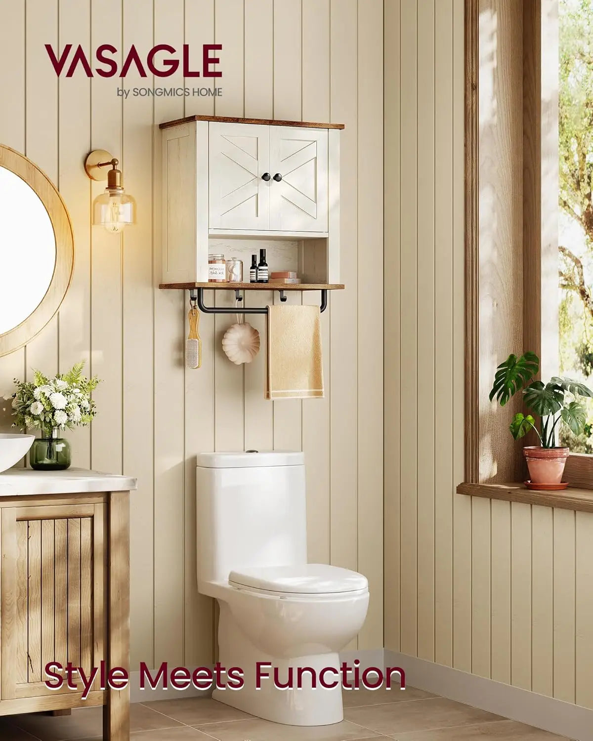 Farmhouse Wall-Mounted Bathroom Cabinet with Adjustable Shelf, Towel Bar, and Barn Doors - Rustic White