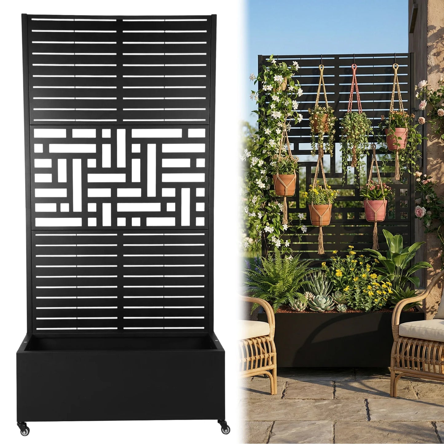 Metal Planter Box with Trellis Climbing Plants and Wheels 70.87x35.43x15.75 Inch, Privacy Planters with Drainage Holes
