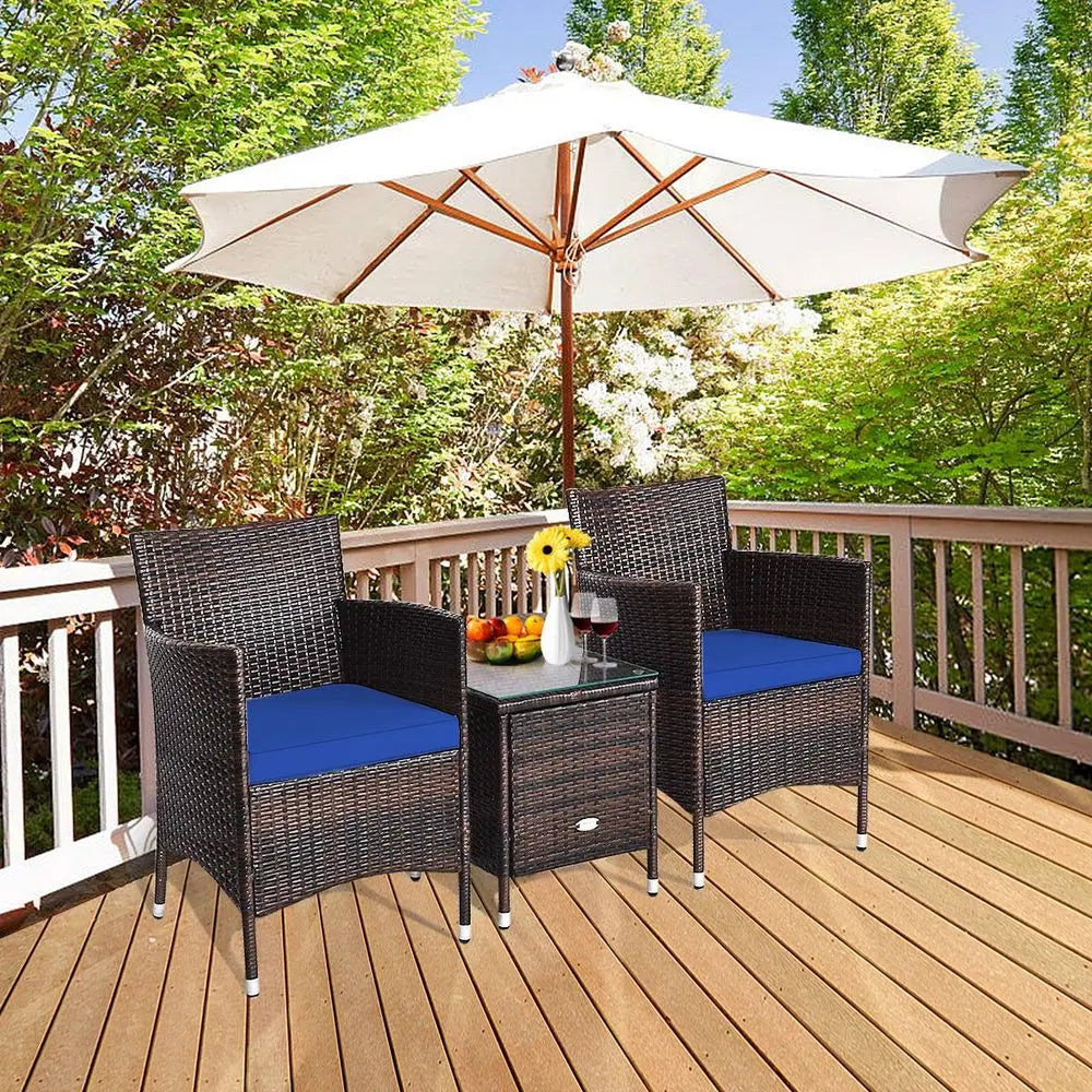 3‑Piece Rattan Patio Furniture Set – Two Wicker Chairs & Tempered Glass Coffee Table