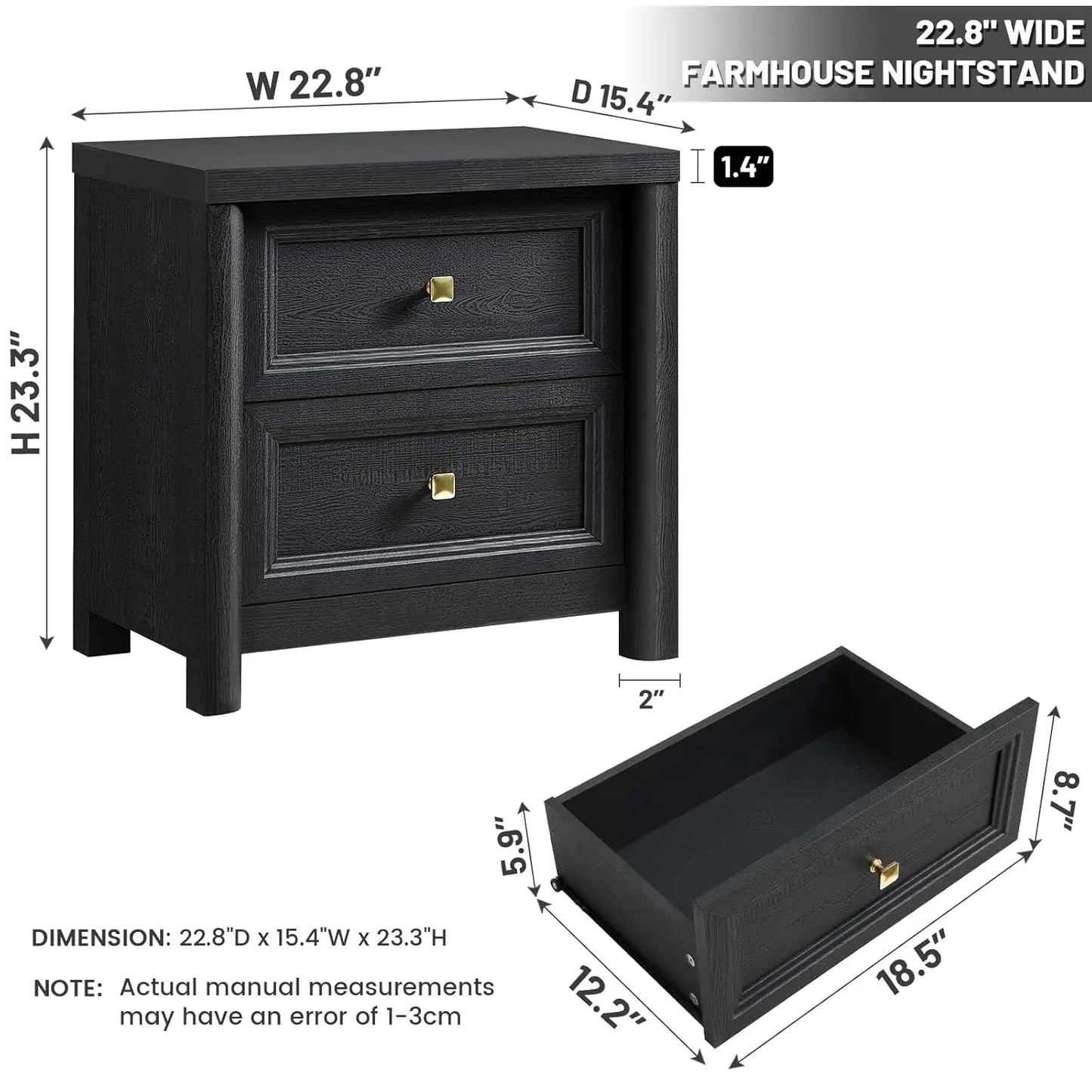 Bedroom Nightstand – Modern 2‑Drawer Side Table with Metal Hardware