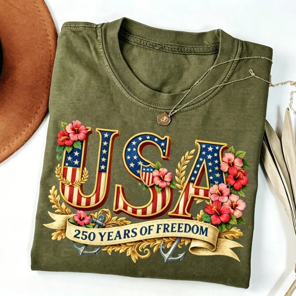 USA 250th Freedom - Women Crewneck Cotton Short Sleeve T Shirt