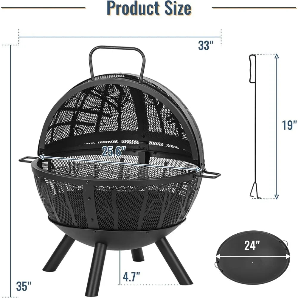 35" Wood Burning Fire Pit with BBQ Grill, Heavy Duty Fire Pit Ball for Outside with Spark Screen