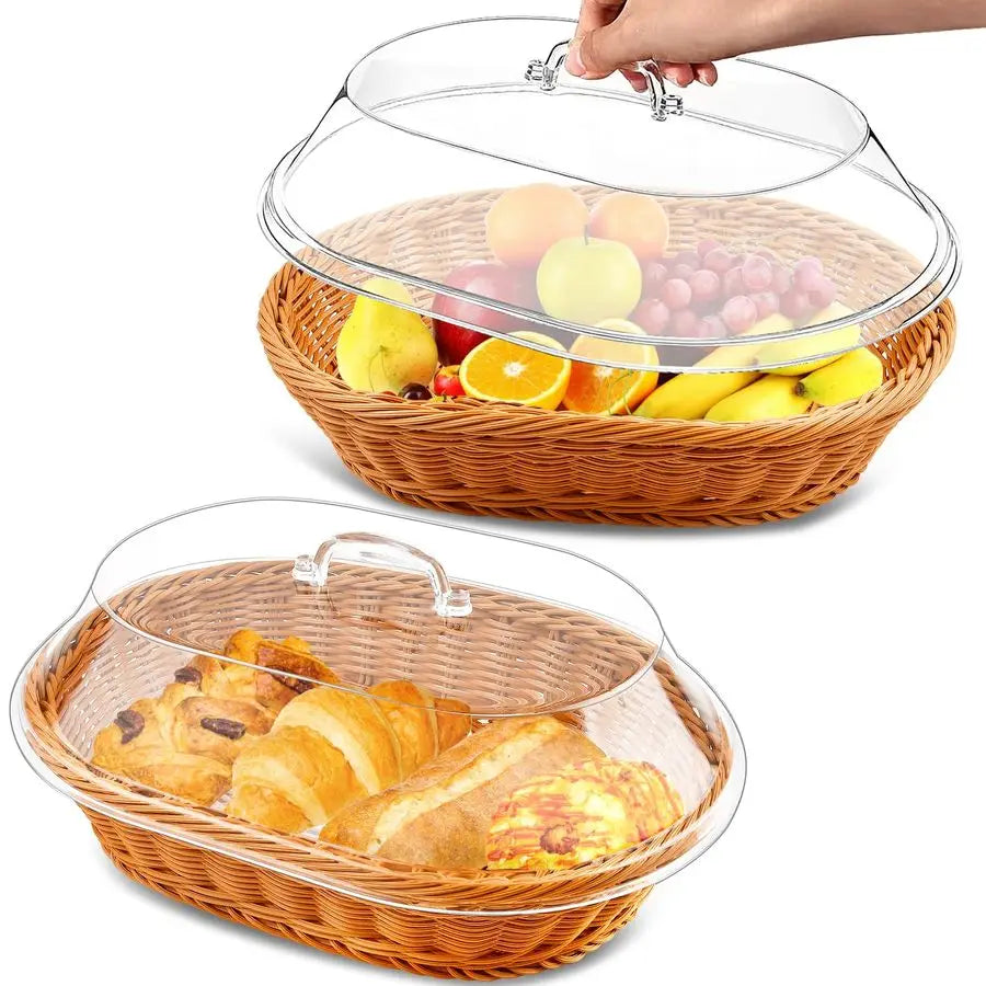 2 Pack Wicker Bread Basket with Acrylic Lid, Imitation Rattan Bread Basket, Oval Woven Fruit Basket with Cover for Food or Vegetables