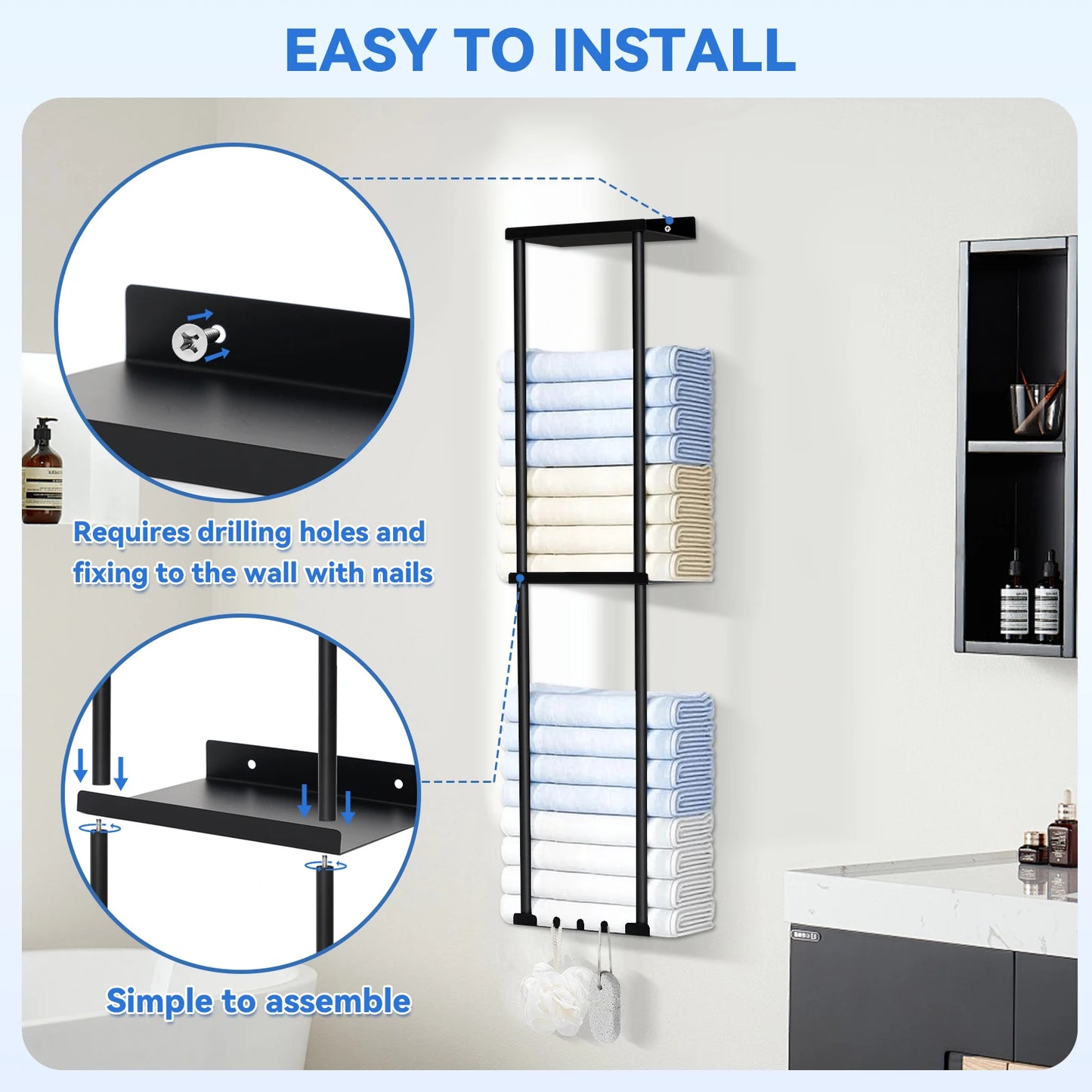 3‑Tier Wall‑Mounted Towel Holder – Bathroom Shelf with 6 Hooks for Towels & Accessories