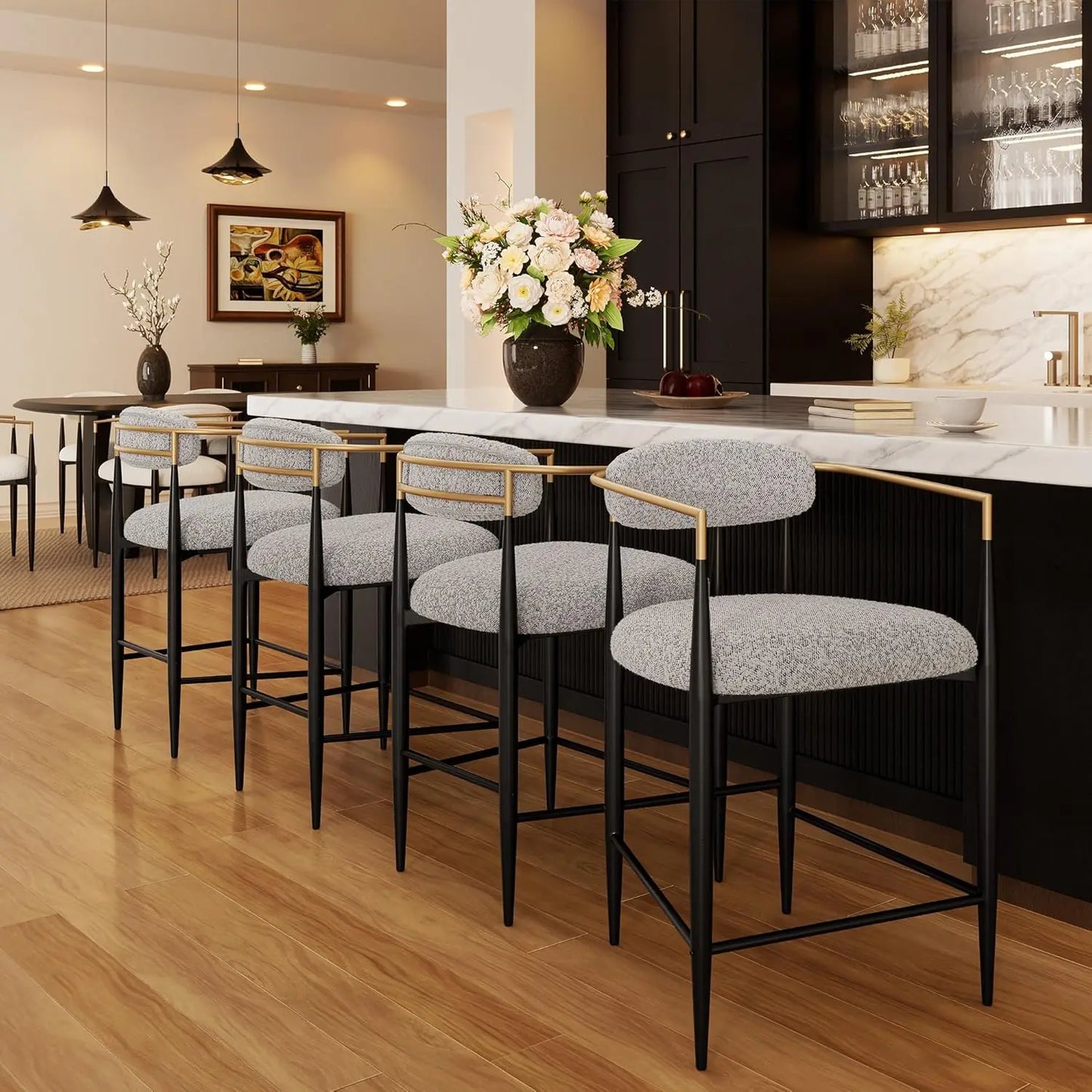 Modern Upholstered Counter Height Bar Stools Set 4 - High Back Black Metal Legs 26in