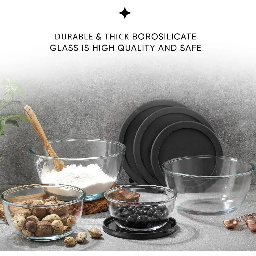 8‑Piece Glass Mixing Bowl Set with Lids – Nesting, BPA‑Free, Large Capacity (Black)