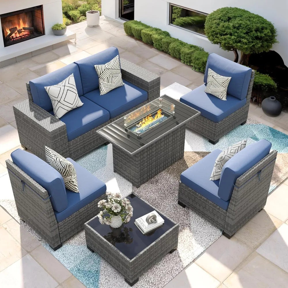 7 Piece Patio Furniture Set With Fire Pit Table, Outdoor , Wicker Rattan