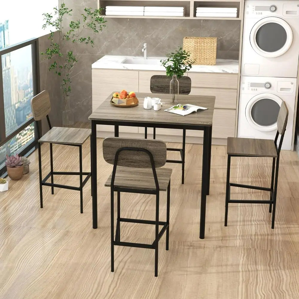 5Piece Dining Table Set with Counter Height Table, 4 Bar Stools
