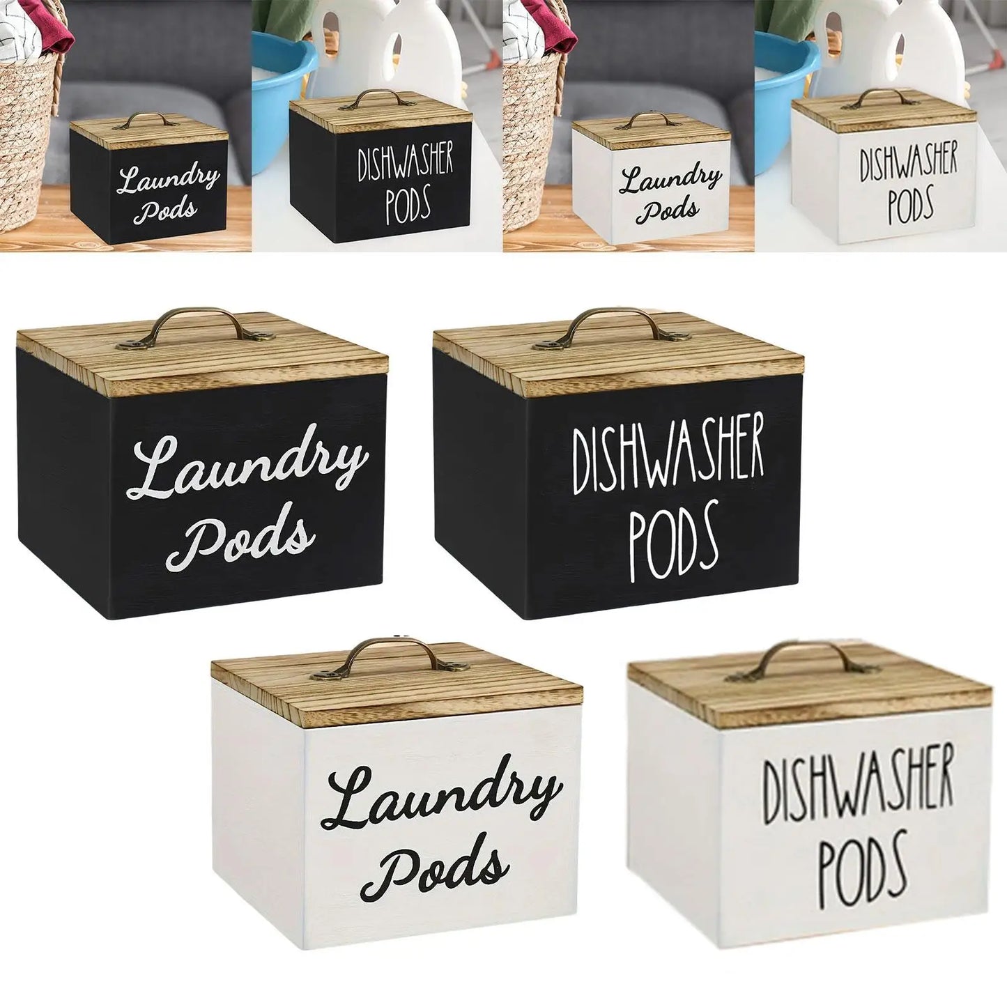 Wooden Laundry/Dishwasher Pod Holder Dispenser with Lid for Organized Washroom or Kitchen