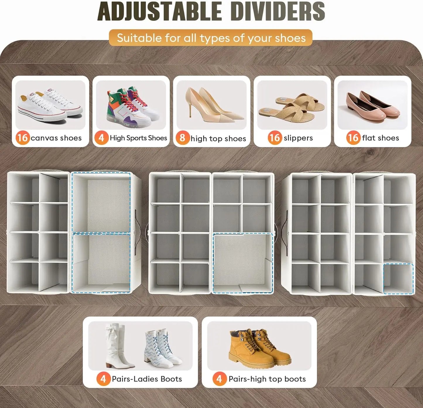 Foldable Shoe Storage Organizers (2‑Pack) – Adjustable Dividers & Clear Cover, Holds Up to 16 Pairs
