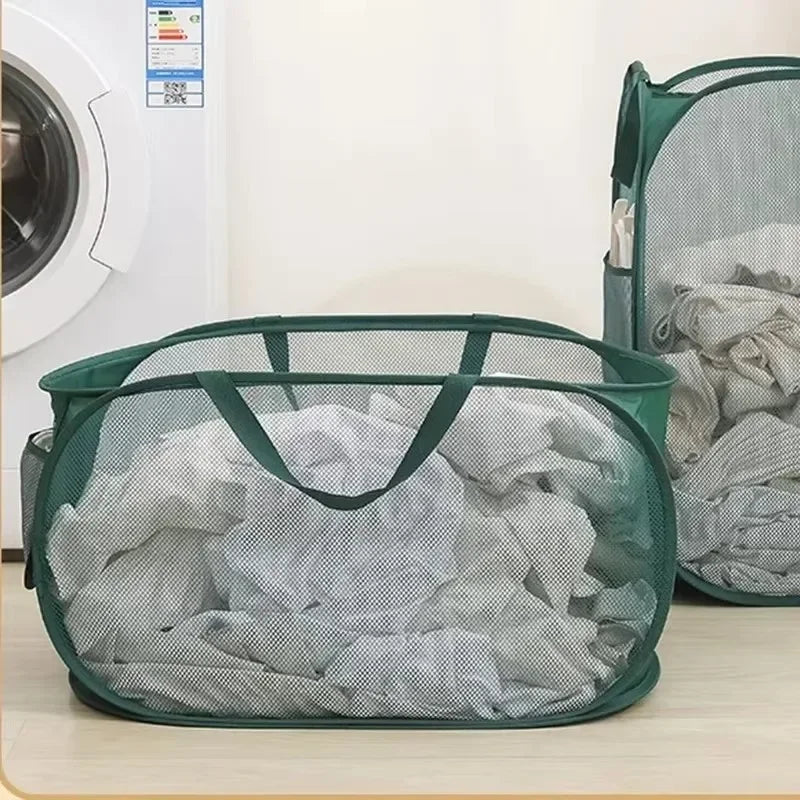 Durable Collapsible Laundry Basket, Mesh Pop Up Laundry Hamper With Side Pocket, Foldable Clothes Storage Hamper