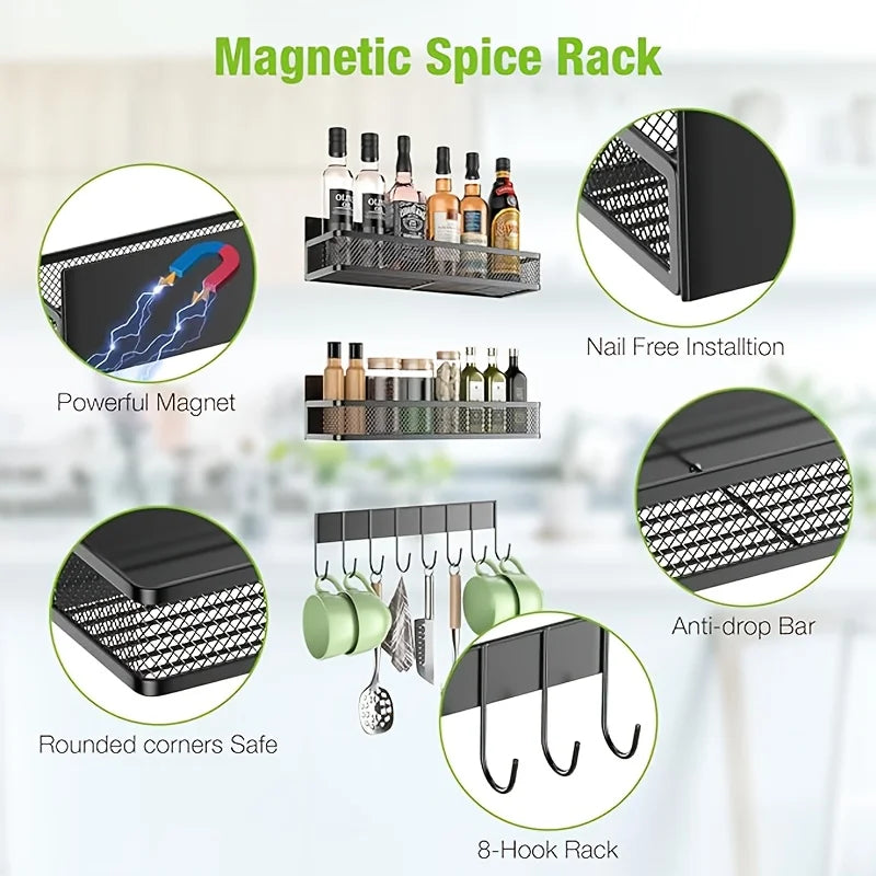 4‑Piece Metal Magnetic Organizer Set – Strong Refrigerator Spice Rack, Hooks & Paper Towel Holder