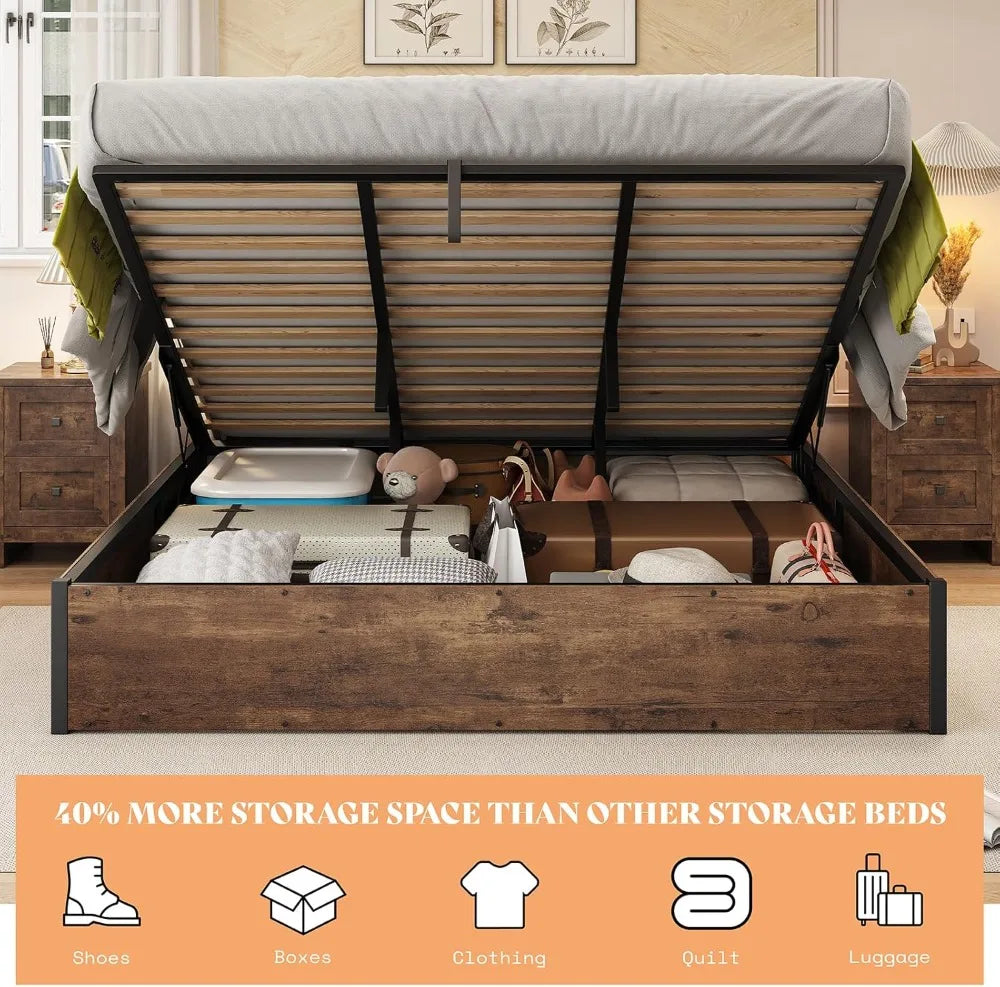 Queen Bed Frame with Lift up Storage, Wooden Platform