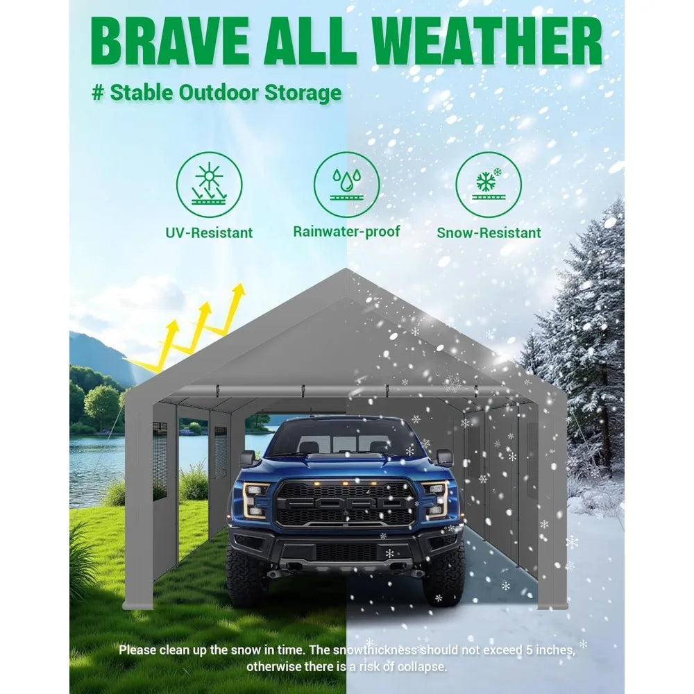 Heavy-Duty 13×20 Portable Carport – Waterproof, UV-Resistant Garage with Roll-Up Windows & Doors