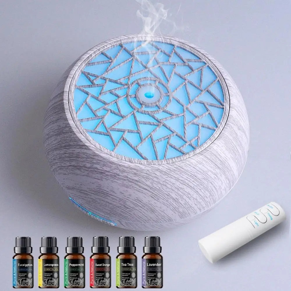 Wood Grain Essential Oil Diffuser & Humidifier, Remote Control, 7 LED Mood Lights, Aromatherapy for Home Wellness