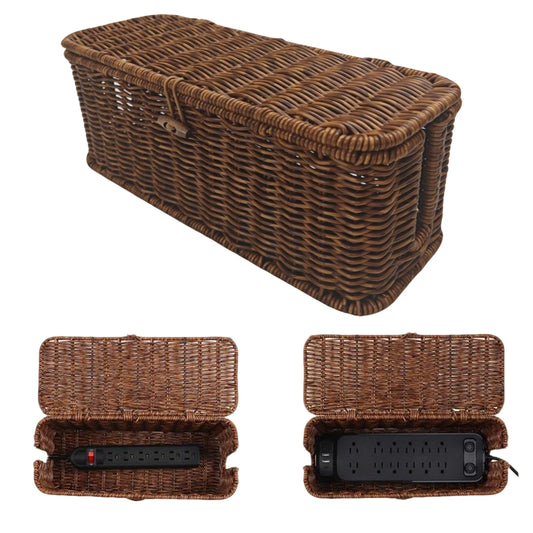 Handwoven Wicker Cable Organizer Basket with Lid Button Lock