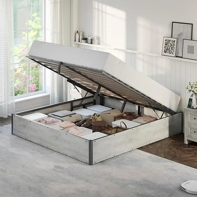 Queen Bed Frame with Lift up Storage, Wooden Platform