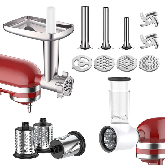 Meat Grinder and Slicer Shredder Attachments for KitchenAid Stand Mixer 2 Piece Set with Sausage Stuffer Tubes