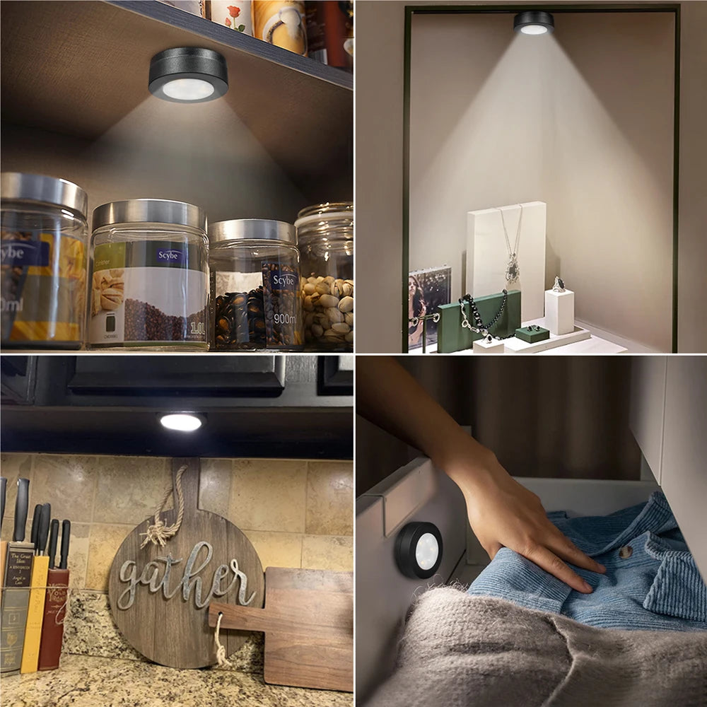 6-Pcs Black Round LED Under Cabinet Closet Light, Dimmable, Remote Control
