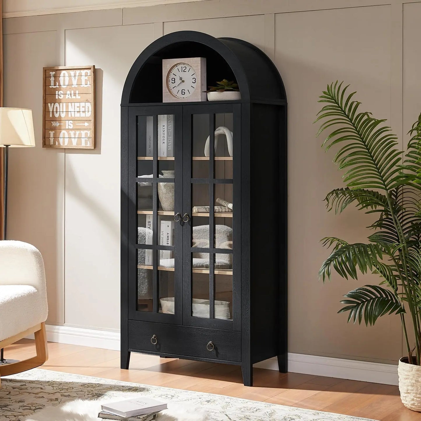 71" Arched Display Cabinet with Glass Doors | 5-Tier Modern Bookcase