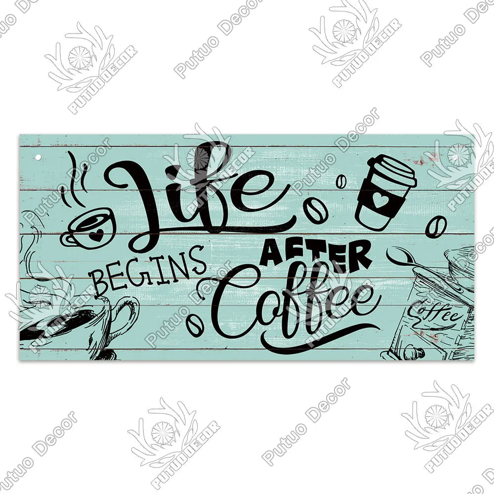 Decor Coffee Wooden Signs - Plaque Wood Plate Rustic Hanging for Cafe, Bar, or Kitchen