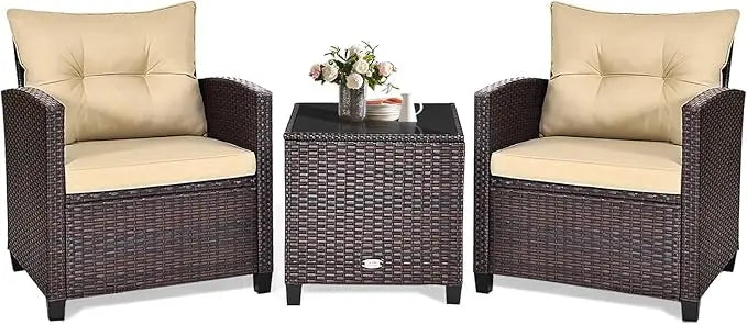 3‑Piece Patio Furniture Set – Outdoor Chairs with Washable Cushions & Tempered Glass Table