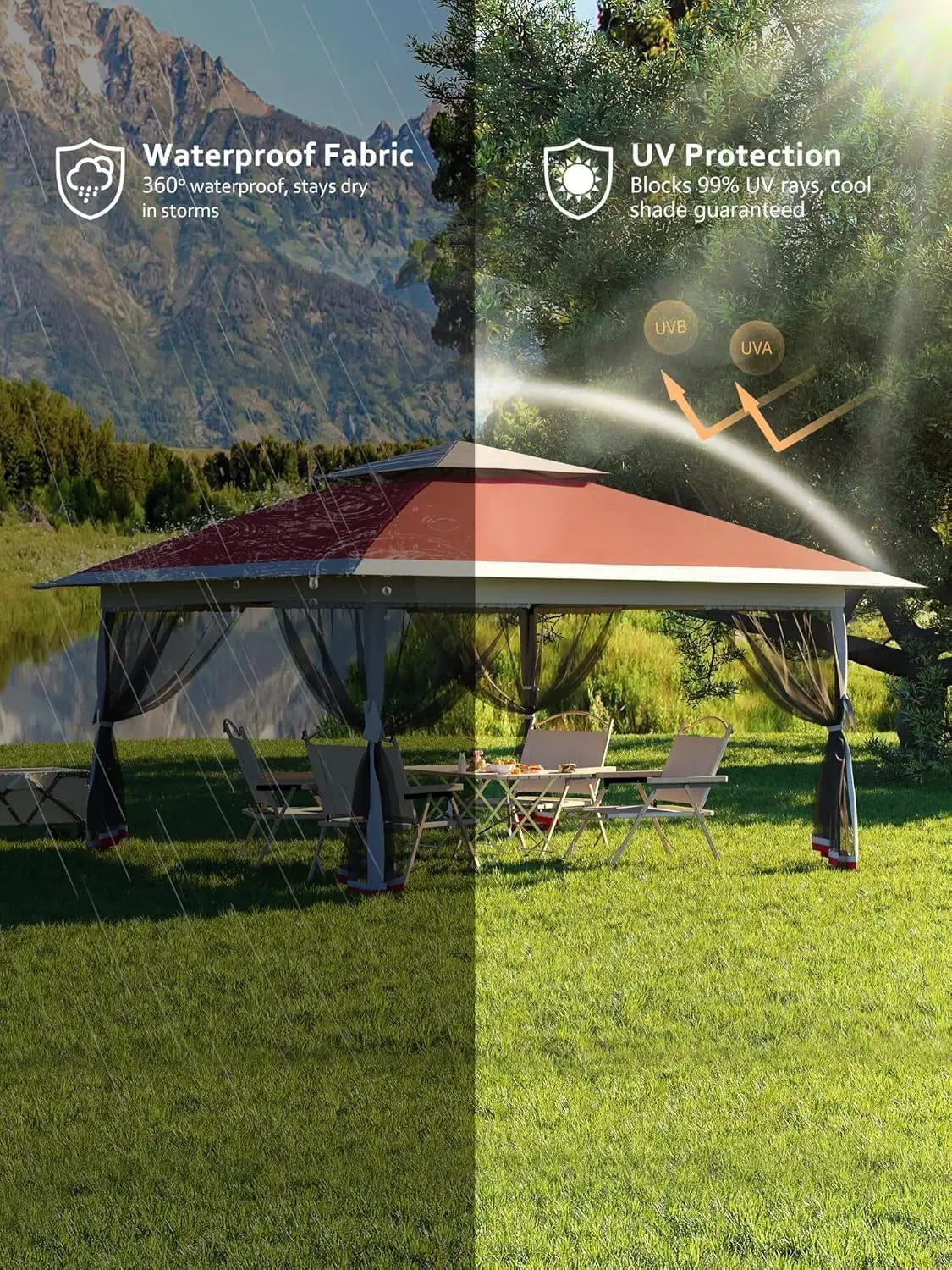 13×13 FT Outdoor Folding Gazebo – 4‑Sided Mosquito‑Net Shed with Cantilevered Eaves & Roll‑Up Canopy Awning