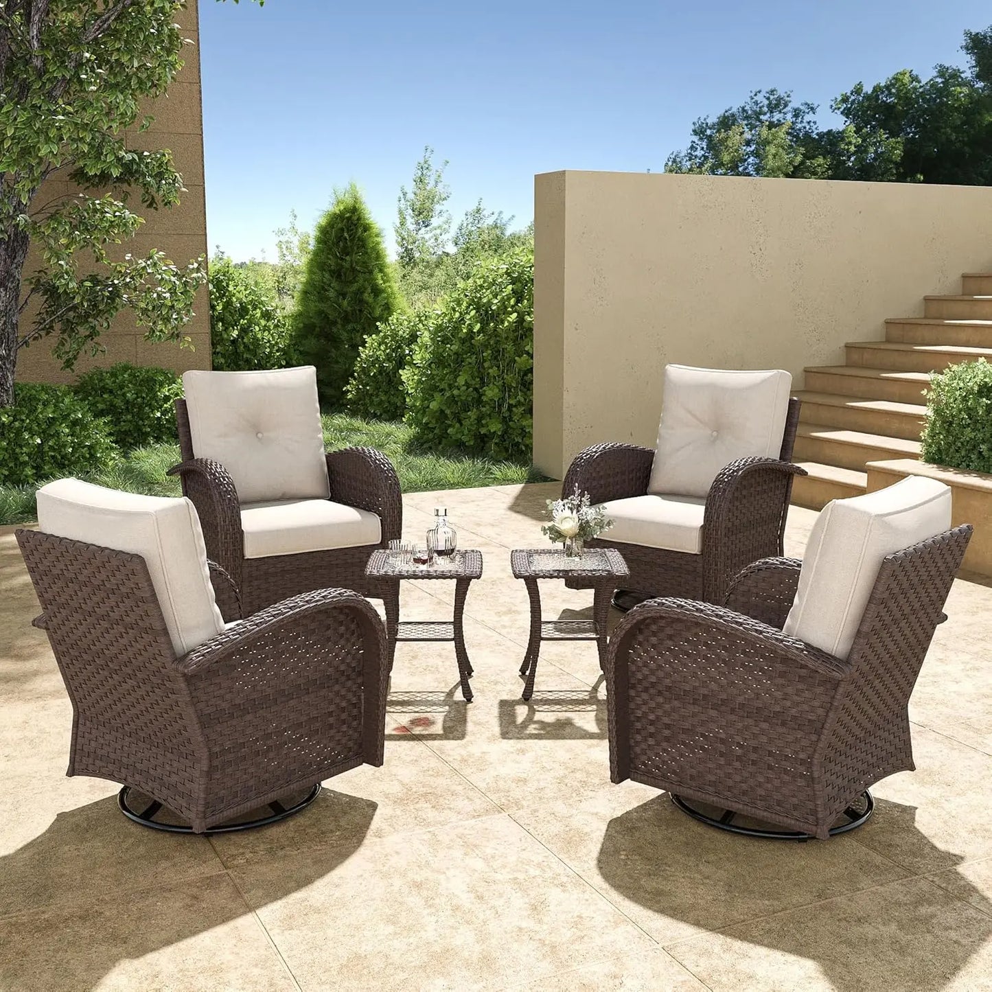 6 Pieces Wicker Patio Furniture Set - 4 High Back Swivel Rocker Chairs and 2 tables