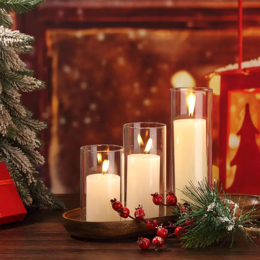 Set of 6 Pillar Candles with Glass Cylinder Vases