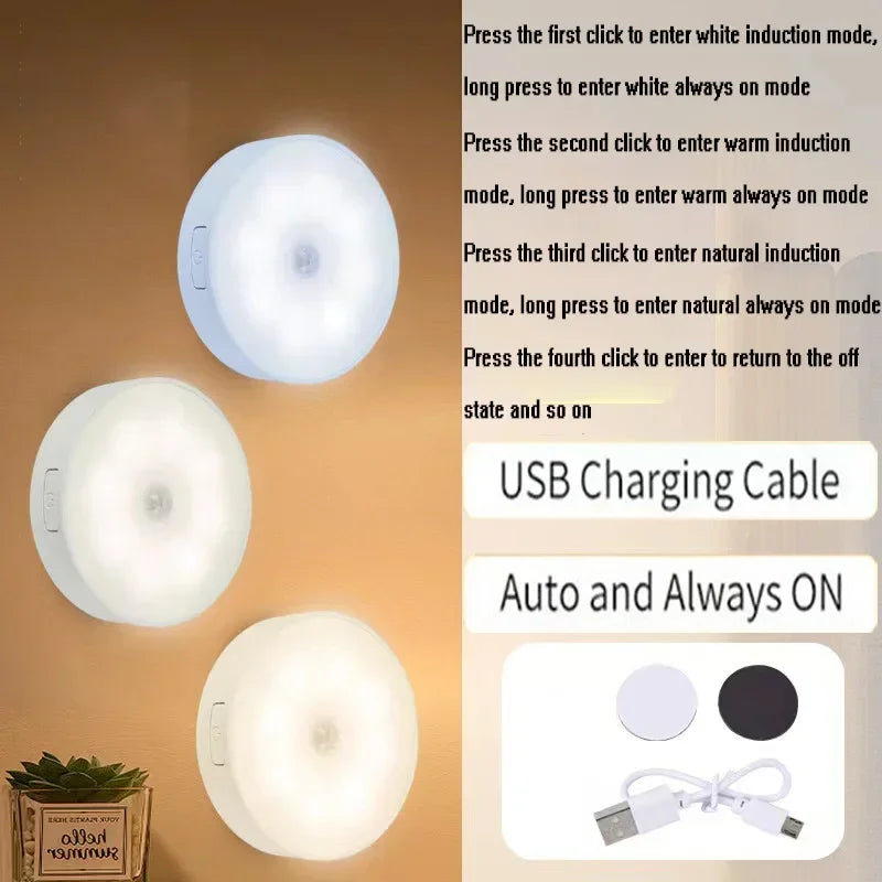 2–6 Pack Motion Sensor LED Night Lights – USB Rechargeable, 3‑Color Wireless Lamps for Cabinets, Closets & Stairs
