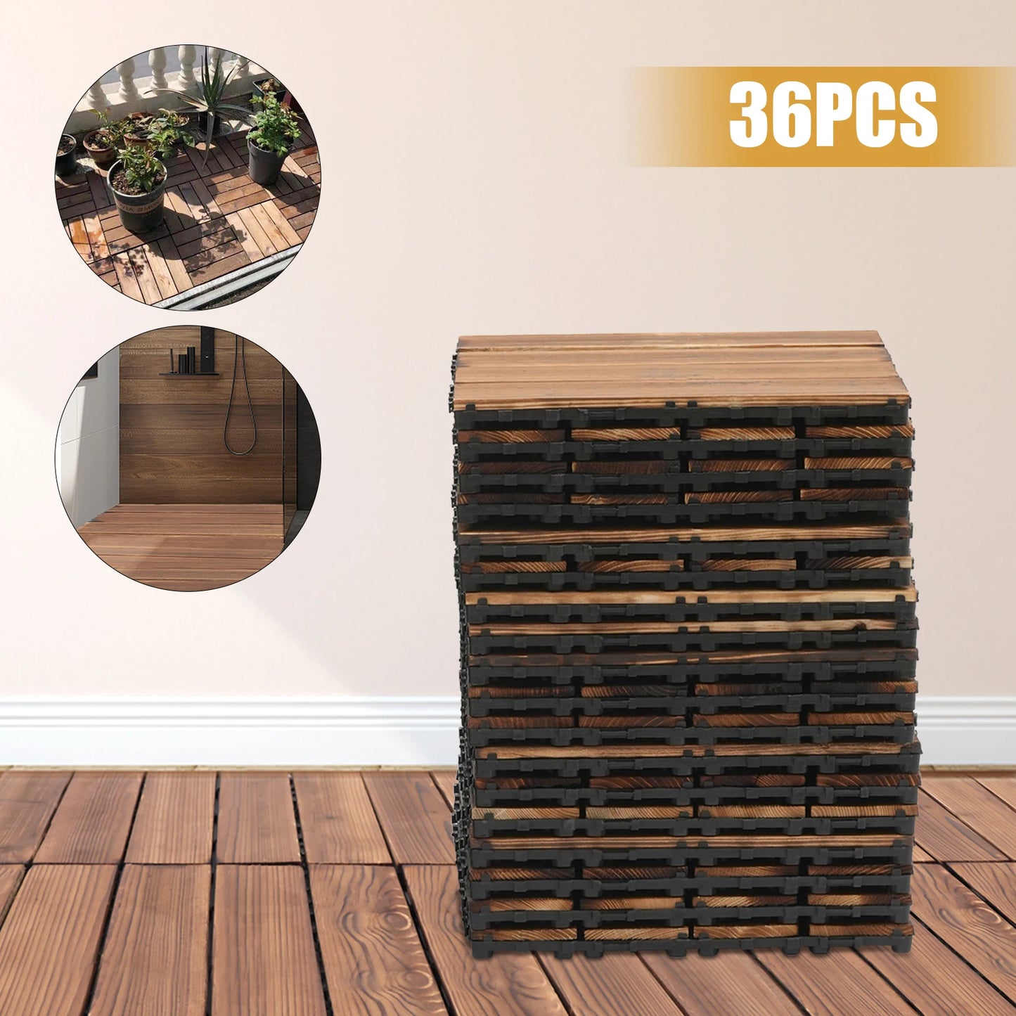36‑Pack 12"×12" Wood Interlocking Floor Tiles – Non‑Slip, Waterproof Outdoor Flooring