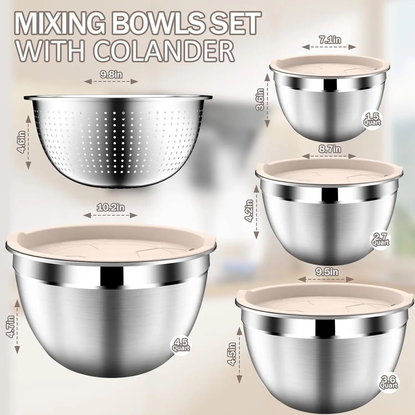 Stainless Steel Mixing Bowls with Lids – Stackable 5‑Piece Set with Strainer (Beige)